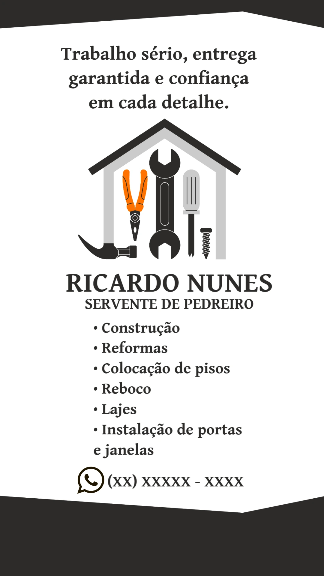 Cartão de Visita Servente de Pedreiro com Ferramentas para Editar