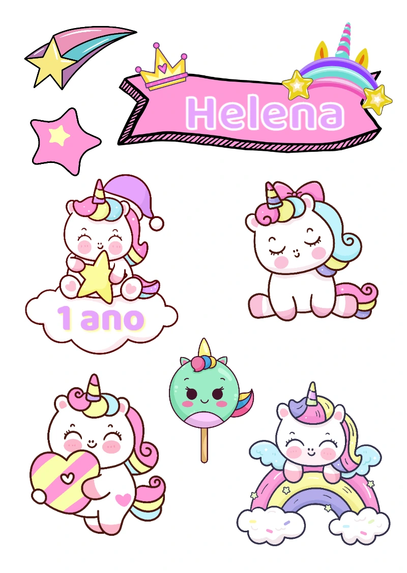 Topo de Bolo Unicórnio Fofo para Aniversário para Editar