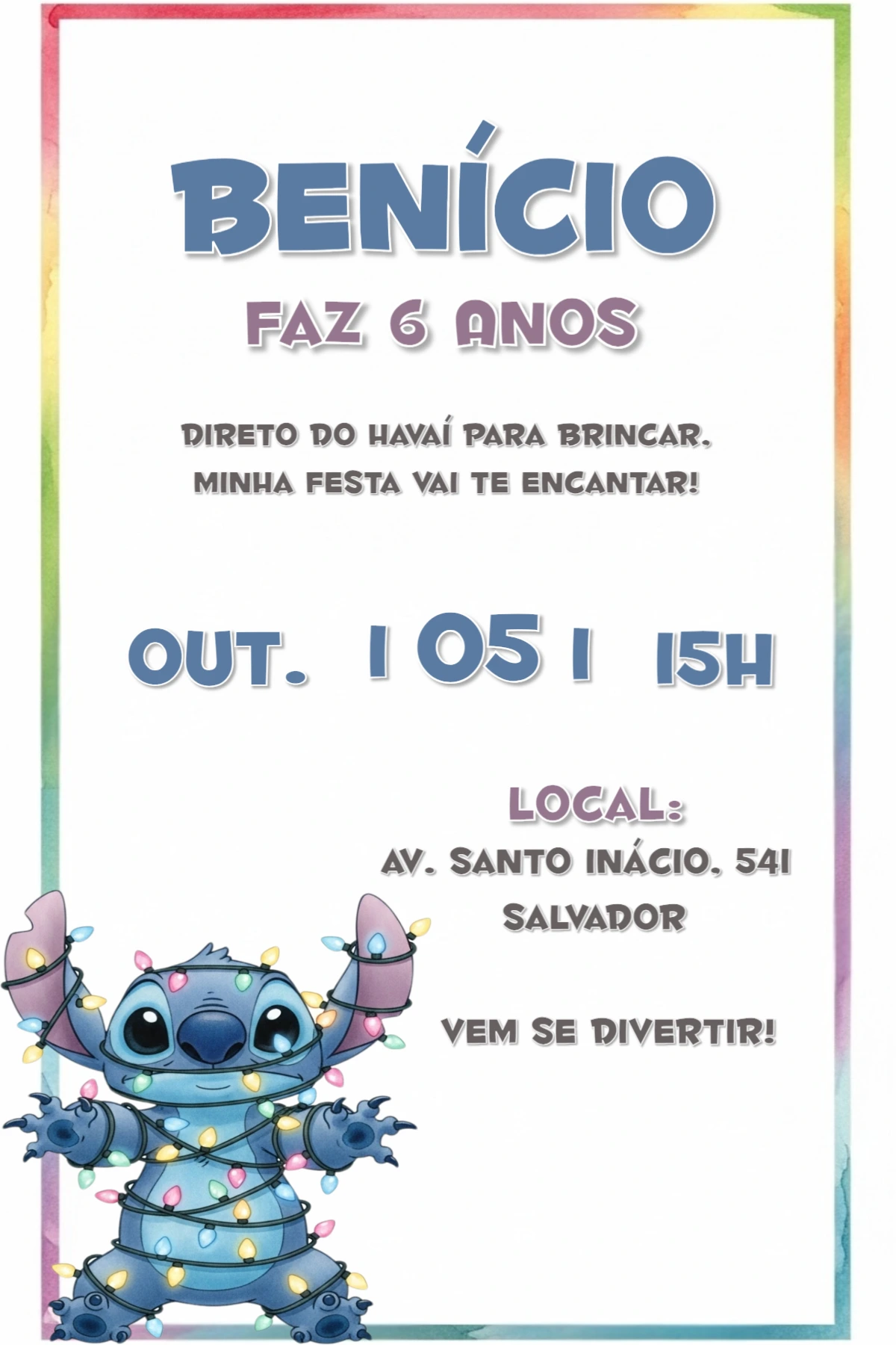Convite de Aniversário Stitch para Editar e Imprimir