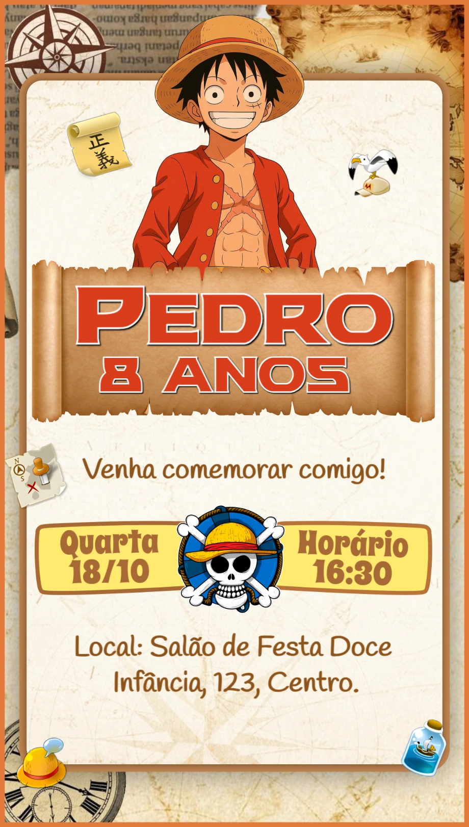 Convite de Aniversário One Piece Luffy para Editar Online