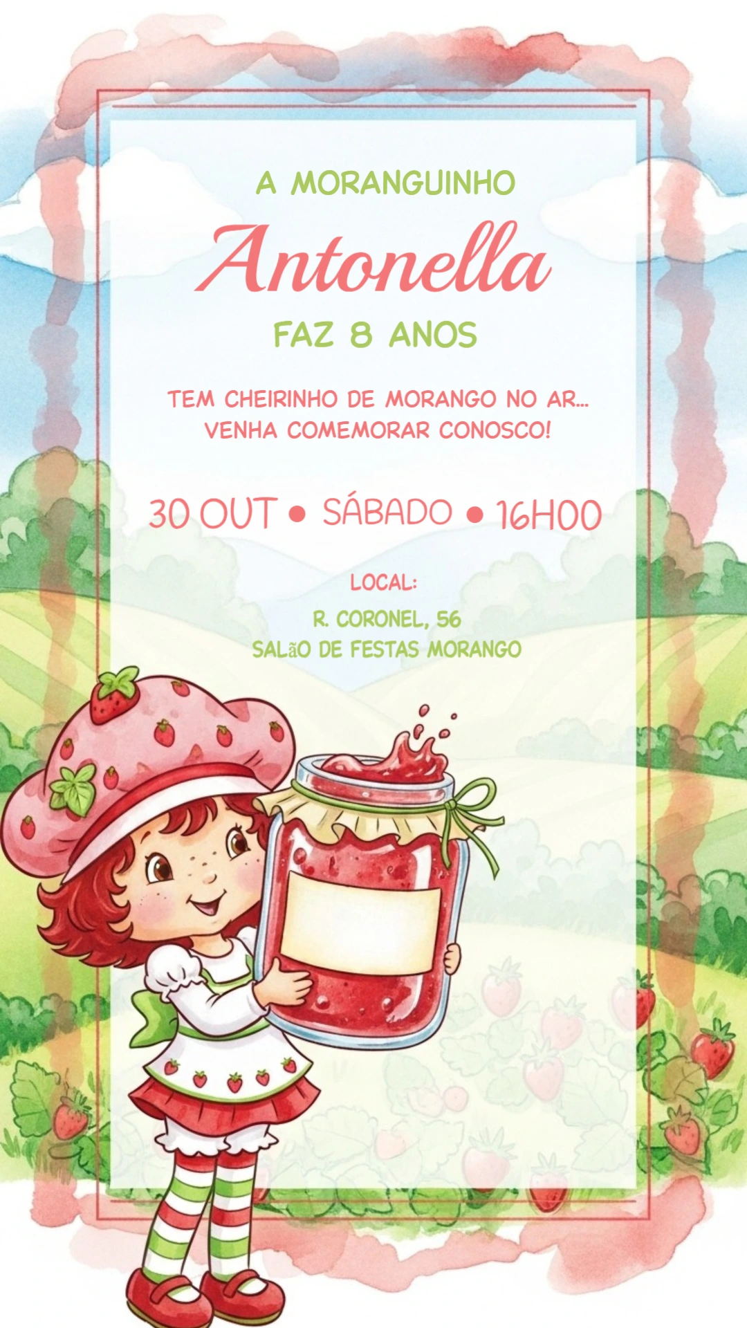 Convite Aniversário Moranguinho para Editar Online e Imprimir