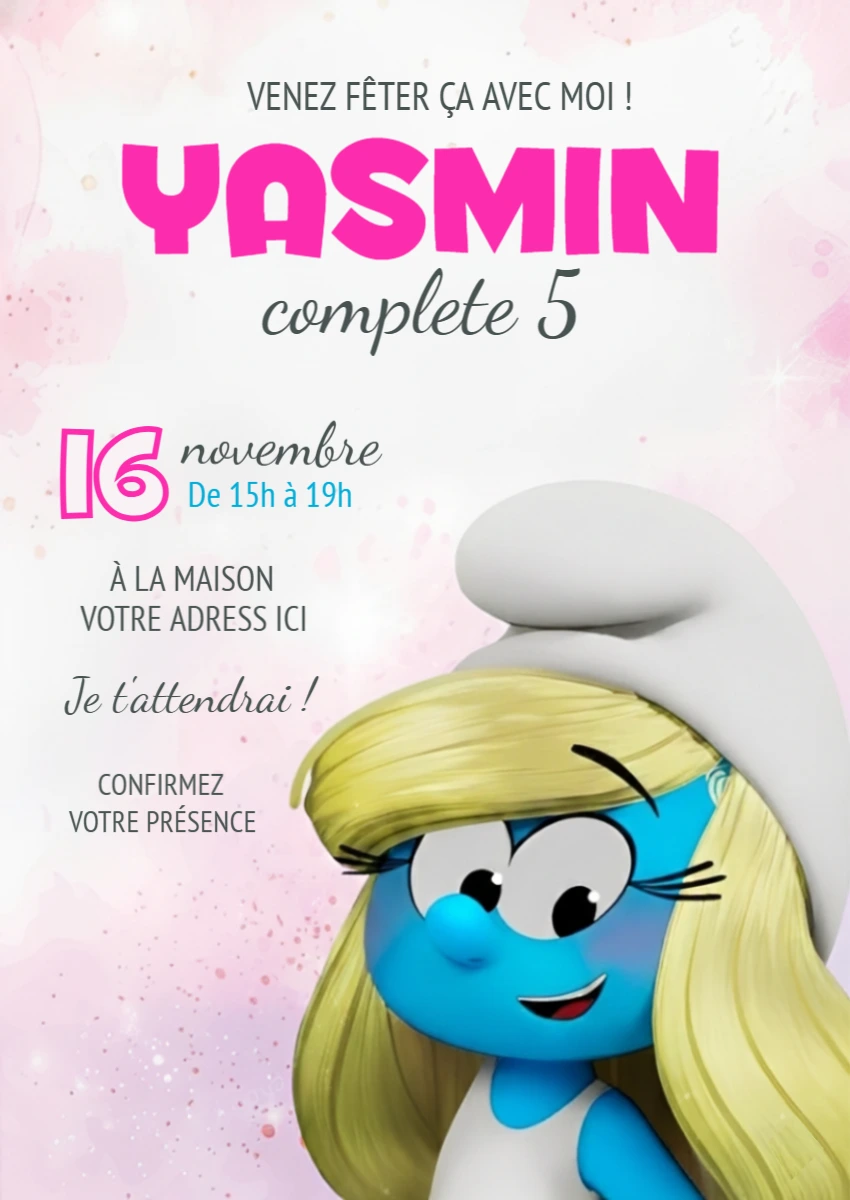 Invitation Anniversaire Schtroumpfette Rose Modèle à Modifier