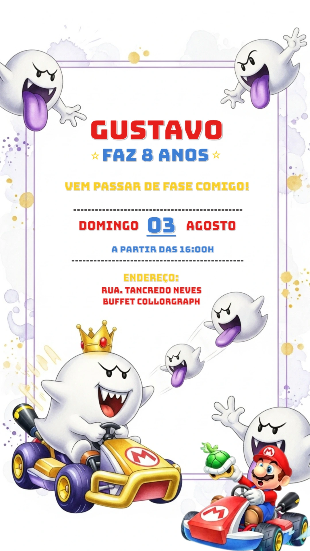 Convite de Aniversário Super Mario Kart para Editar Online