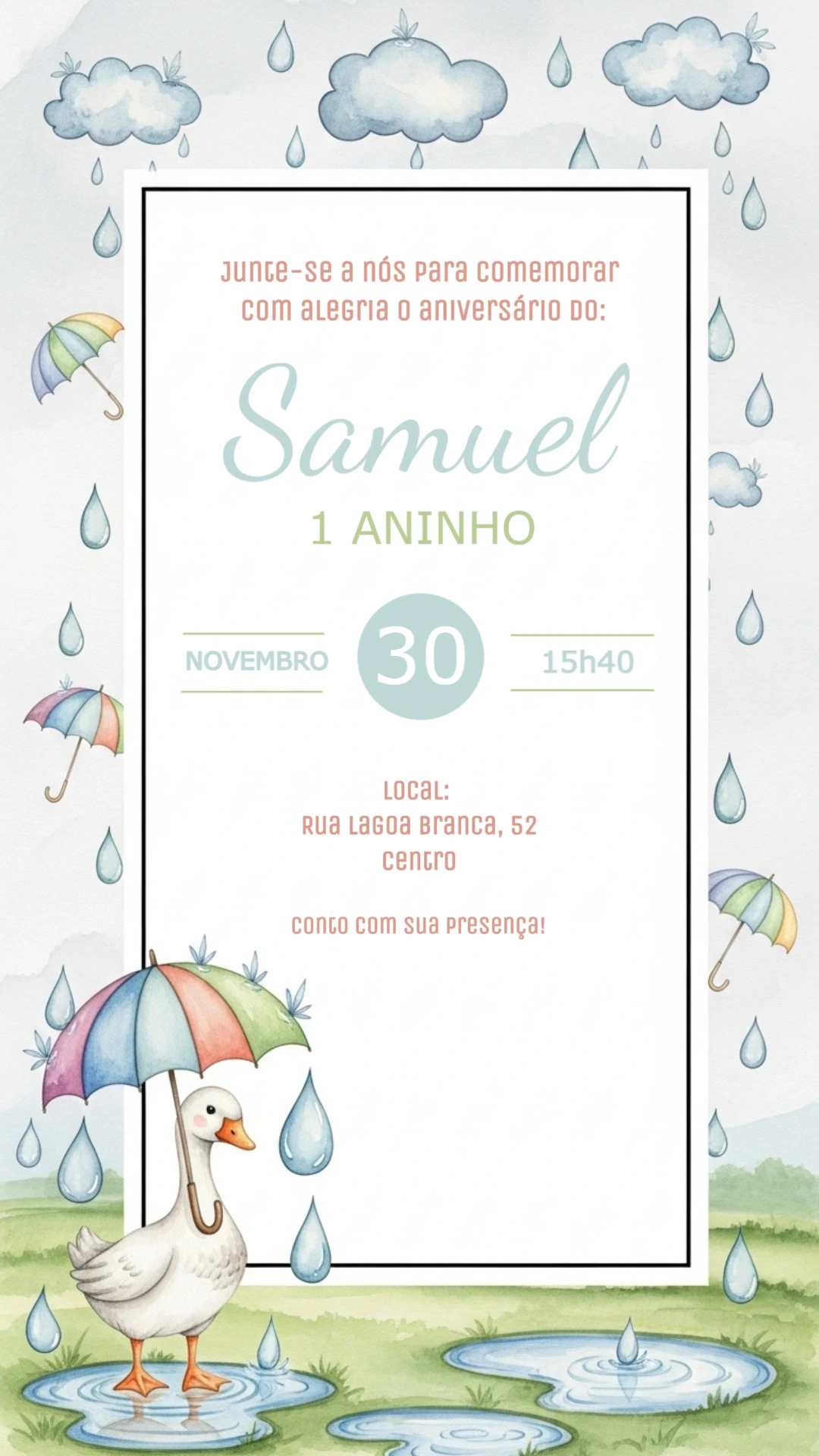 Convite Aniversário Ganso Fofo na Chuva para Editar Online