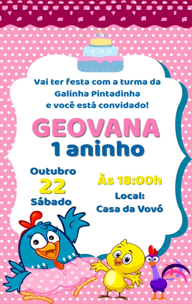 Convite Aniversário Galinha Pintadinha Rosa para Editar Online