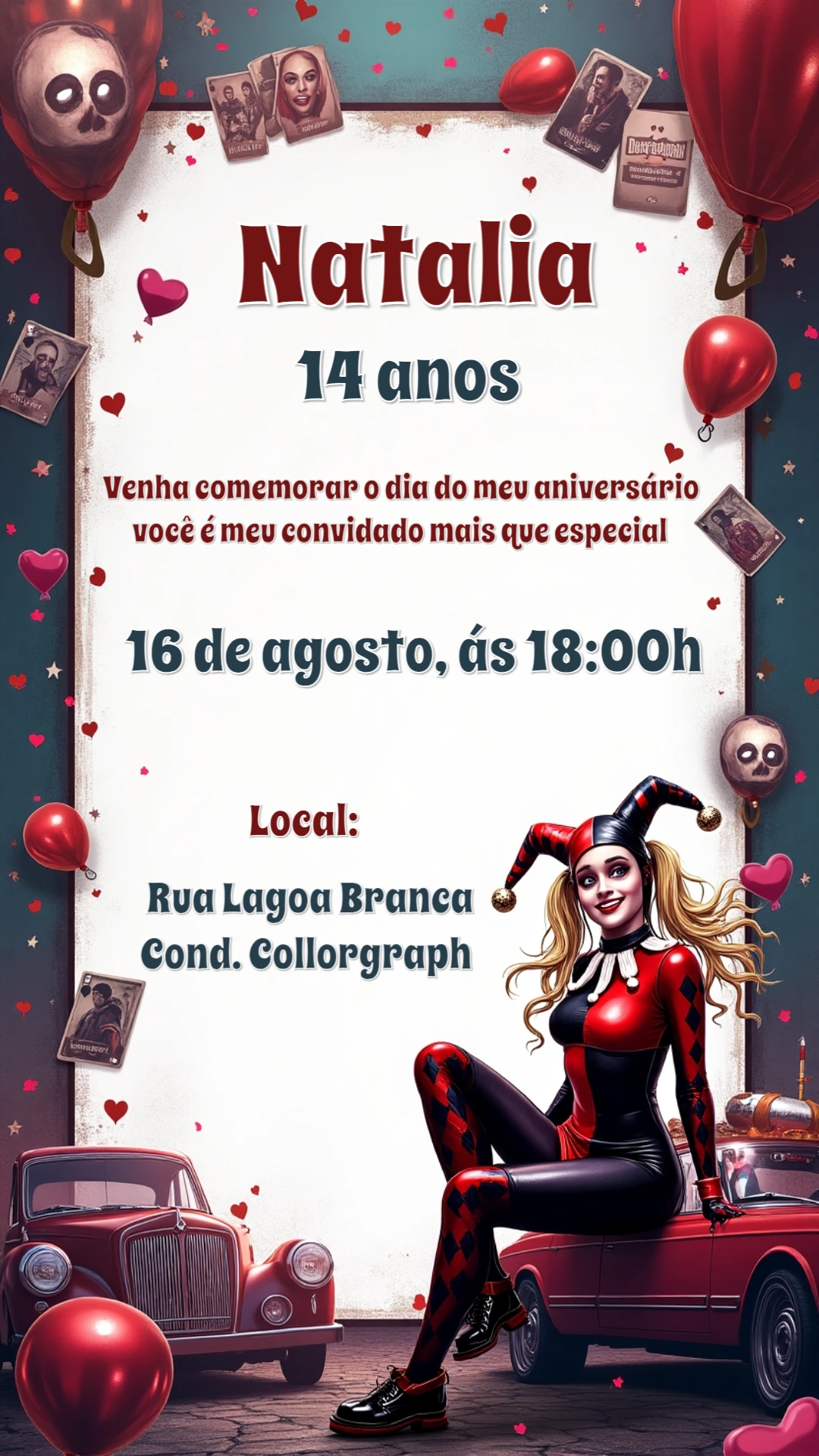 Convite Aniversário Arlequina para Editar Online