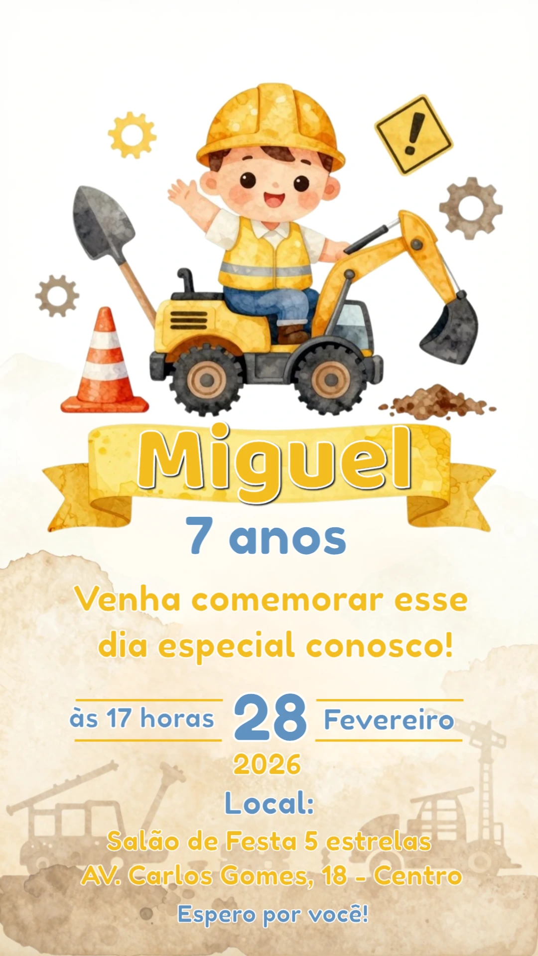 Convite de Aniversário Infantil Tema Construtor Editável