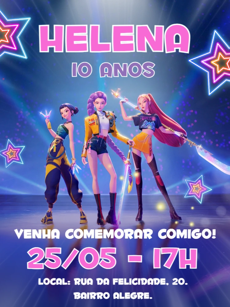 Convite Aniversário K-Pop Guerreiras para Editar Online