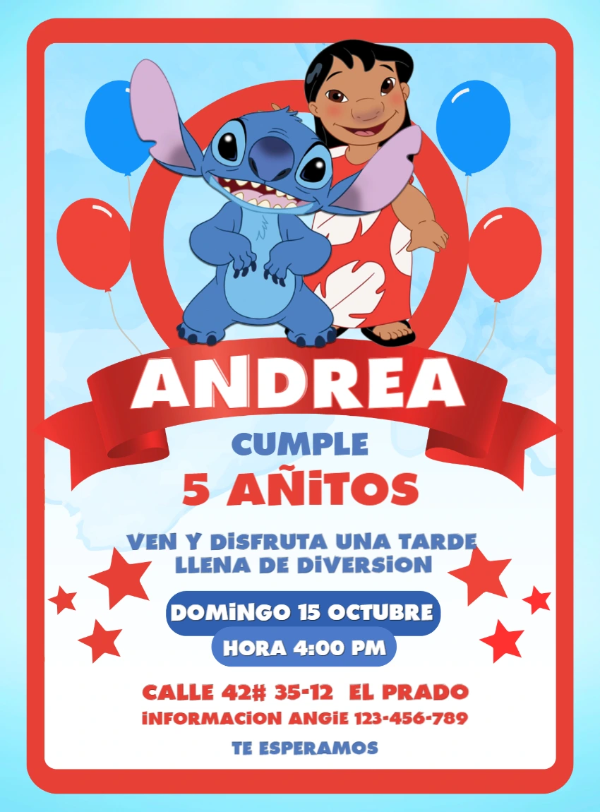 Invitación de Cumpleaños de Lilo y Stitch para Editar Online