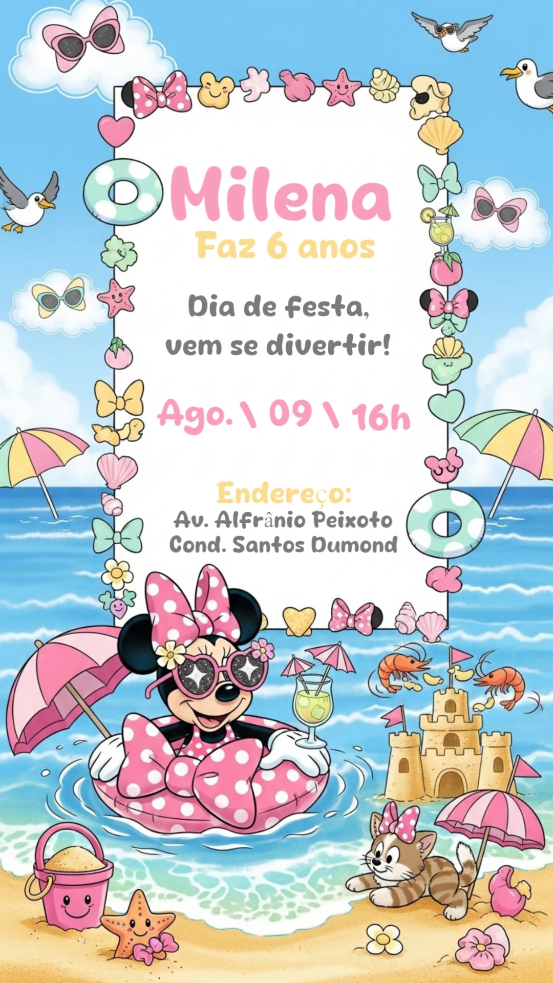 Convite Aniversário Minnie na Praia para Editar Online