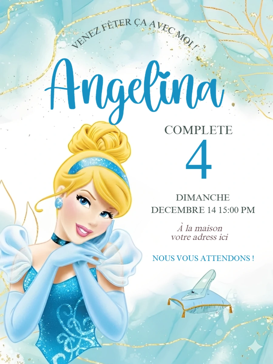 Invitation Anniversaire Cendrillon Bleu et Or Modèle à Modifier
