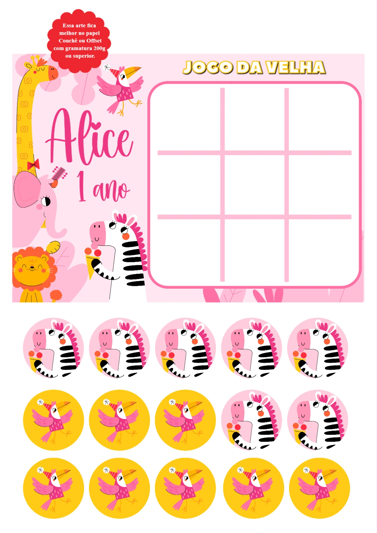 Jogo da Velha Safari Rosa para Aniversário para Editar Online