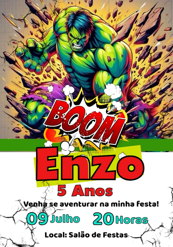 Convite de Aniversário Hulk para Editar e Imprimir Online