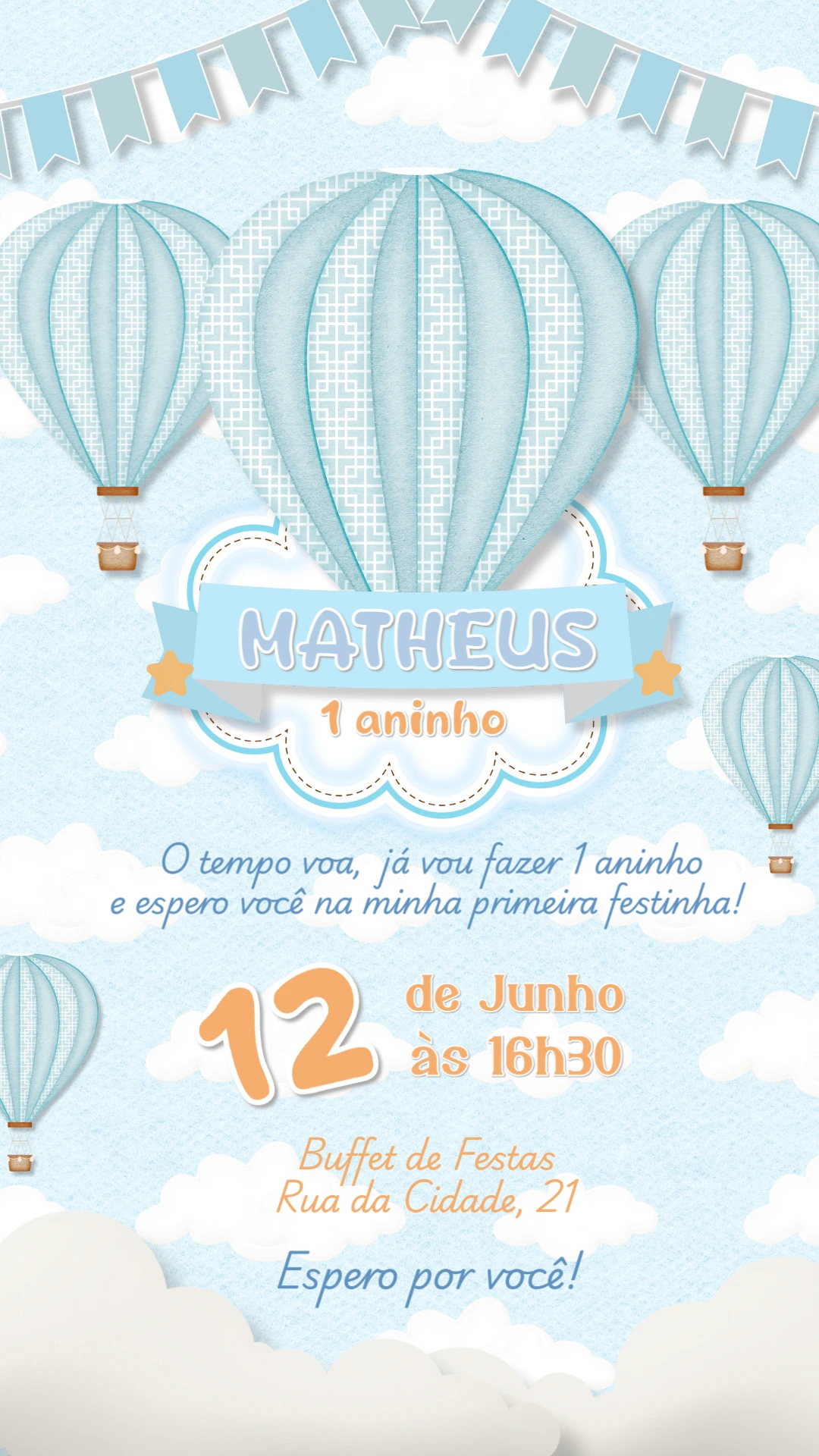 Convite Aniversário Balão Azul para Editar Online