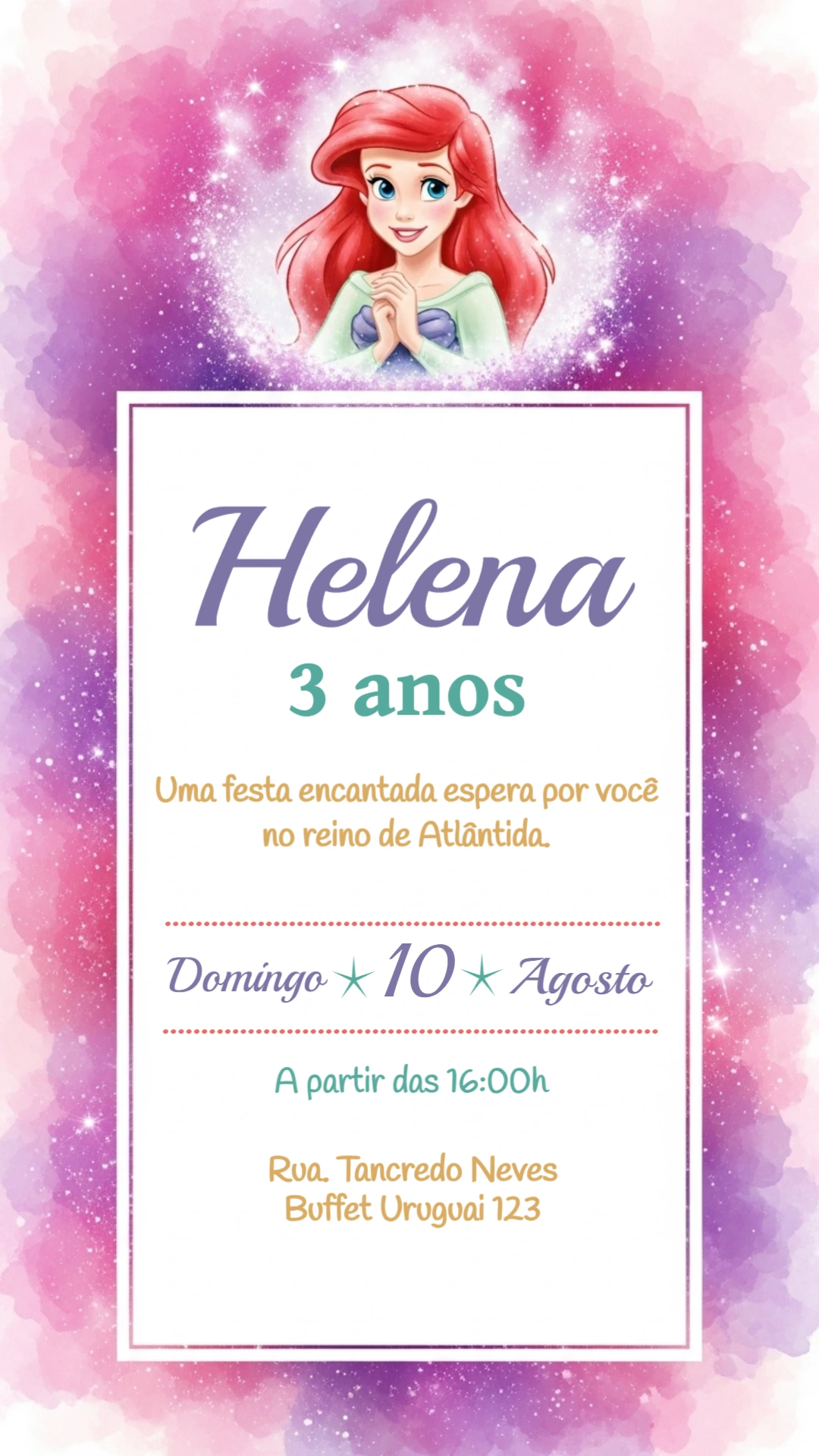 Convite Digital Pequena Sereia Ariel Aquarela para Editar