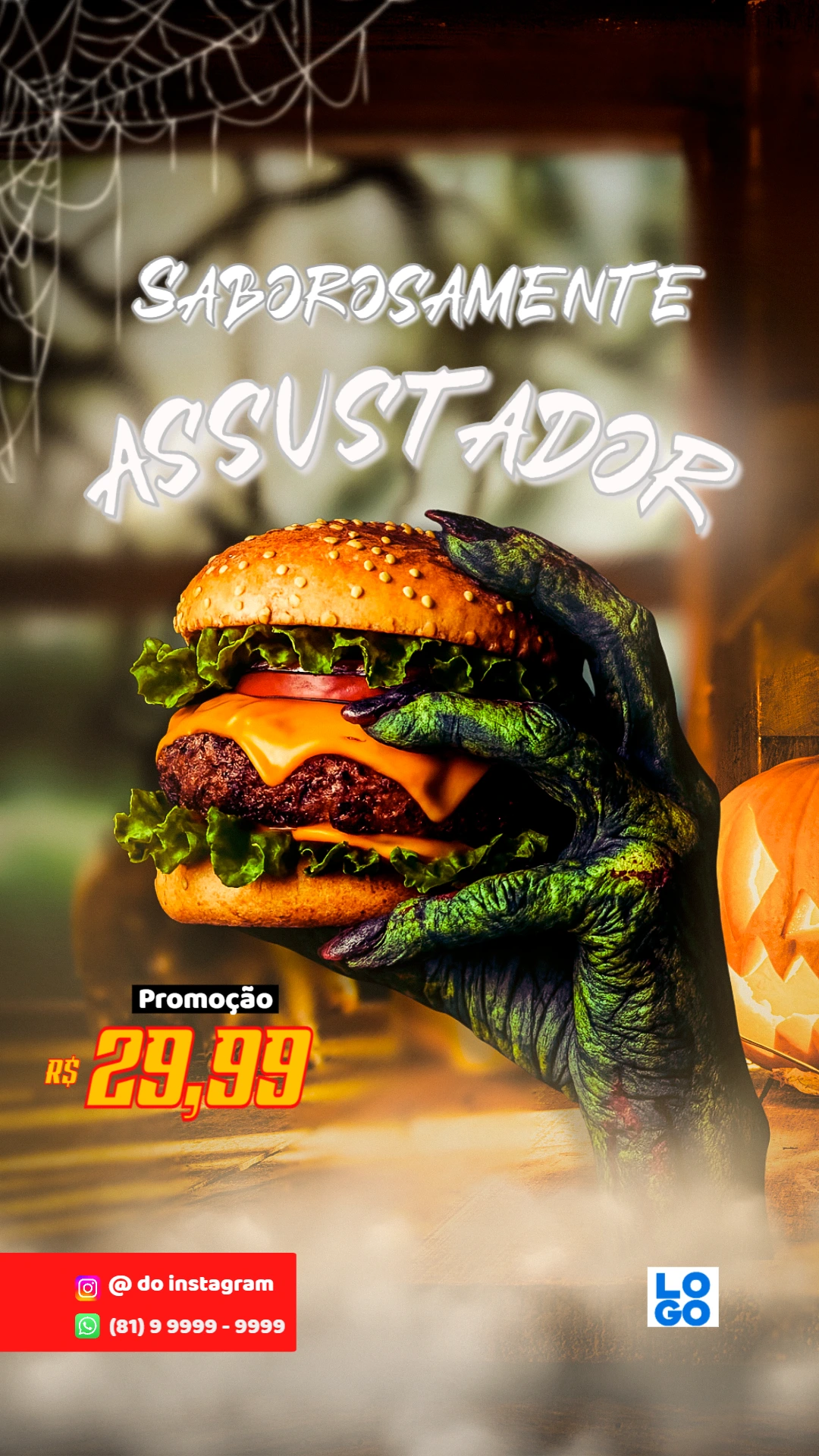 Arte de Halloween para Hamburgueria: Crie seu Post Editável