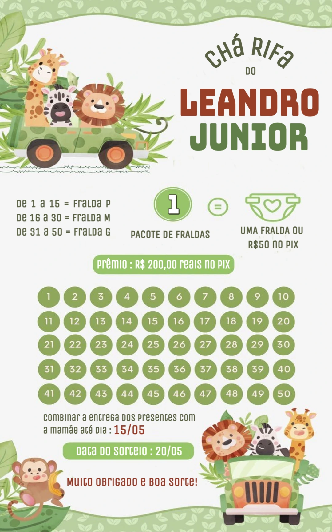 Convite Chá Rifa Safari Baby Editável Online para Imprimir