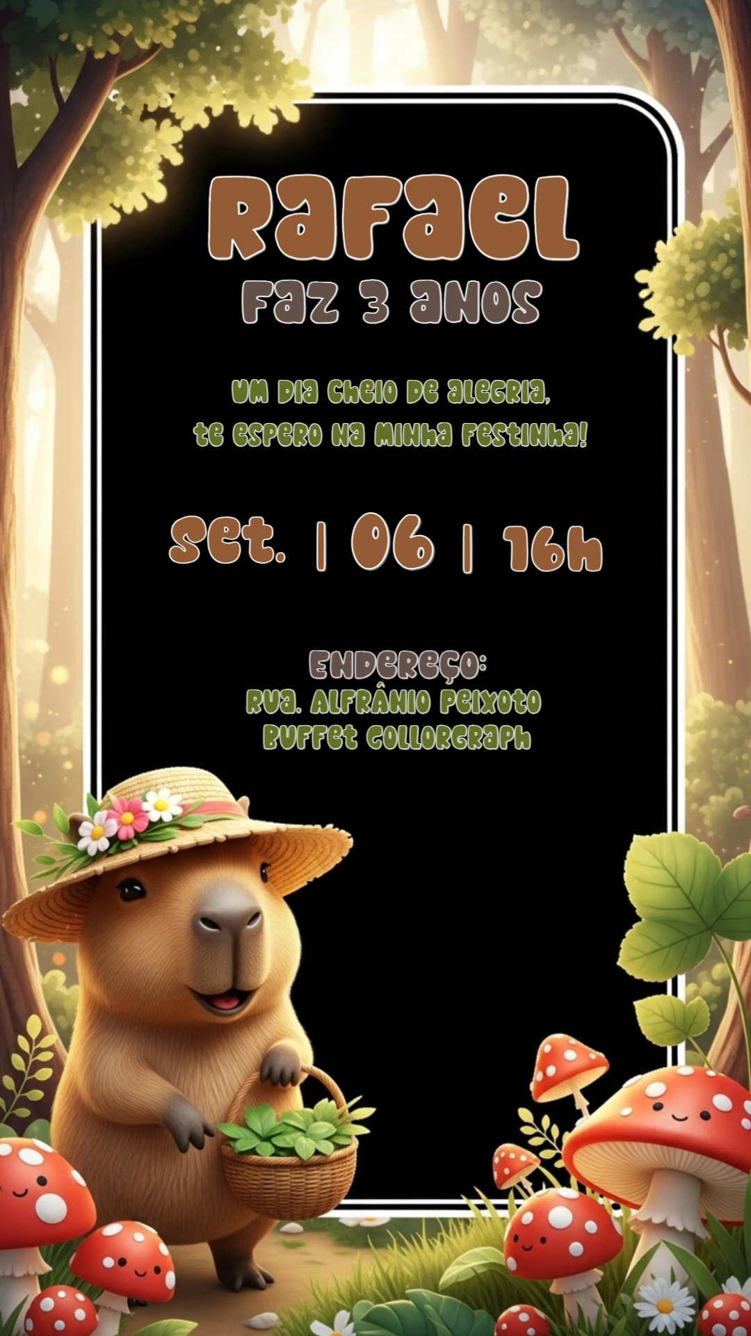 Convite de Aniversário Capivara na Floresta para Editar
