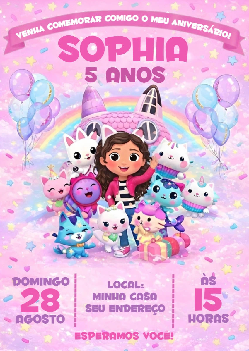 Convite Editável Aniversário Infantil A Casa Mágica da Gabby