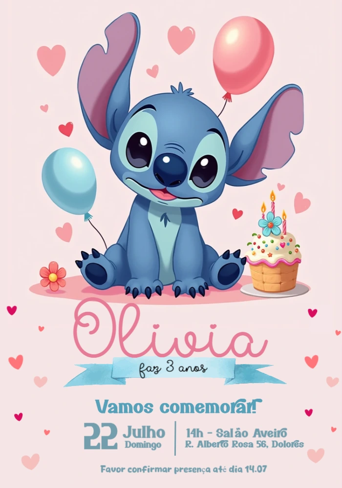 Convite de Aniversário Stitch Rosa para Editar Online
