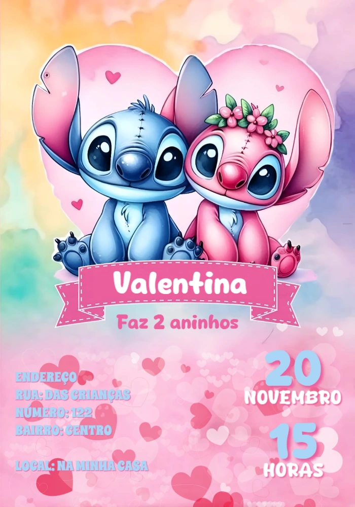 Convite Aniversário Stitch e Angel para Editar Online