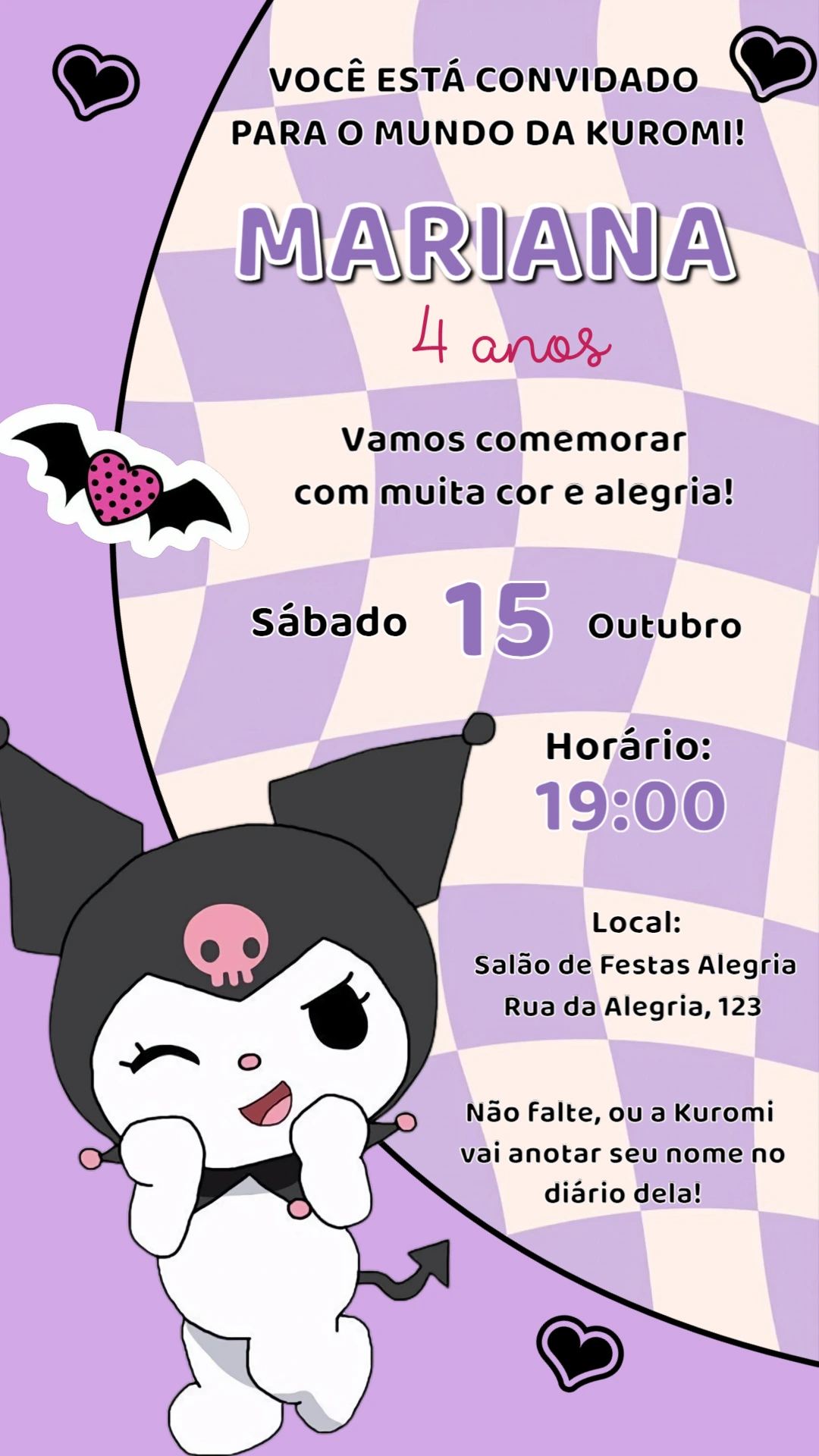 Convite de Aniversário Kuromi Lilás e Preto para Editar