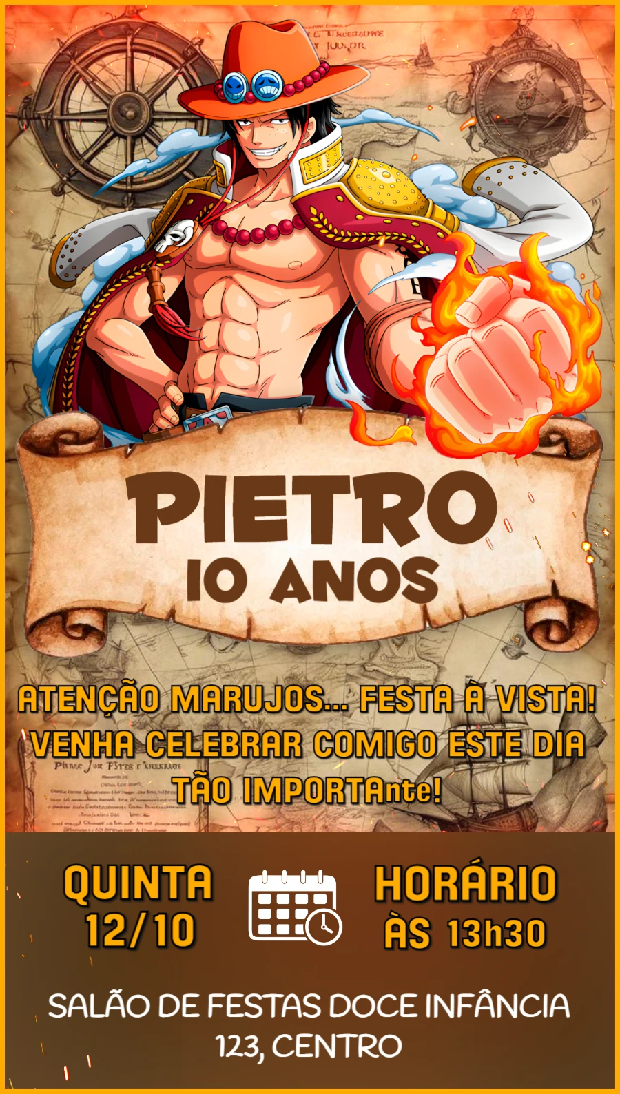 Convite Aniversário One Piece Pirata para Editar Online
