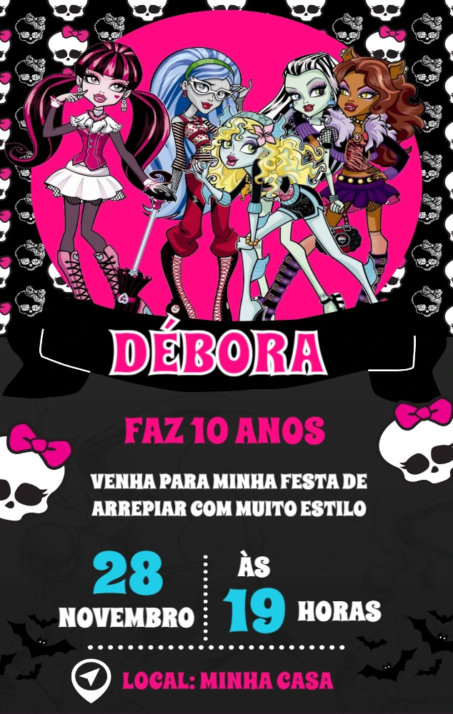 Convite Aniversário Monster High com Personagens para Editar Online