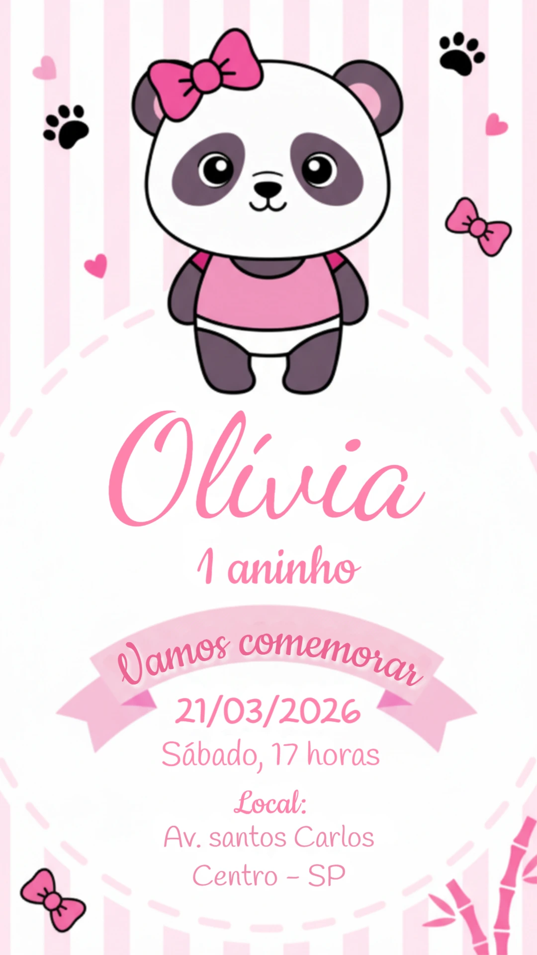 Convite de Aniversário Digital Tema Panda Rosa para Editar