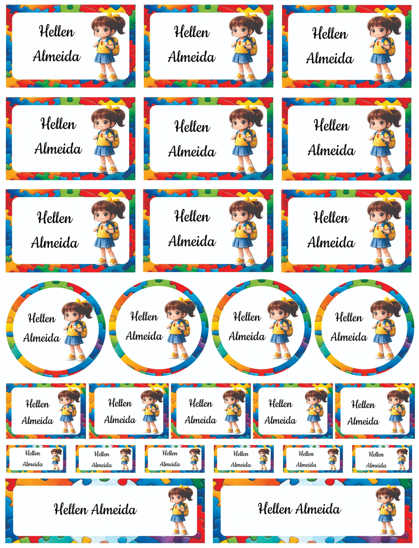 Kit Etiquetas Escolares Quebra-Cabeça Menina Modelo Editável