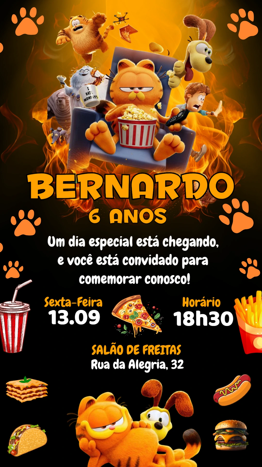 Convite de Aniversário Garfield para Editar Online