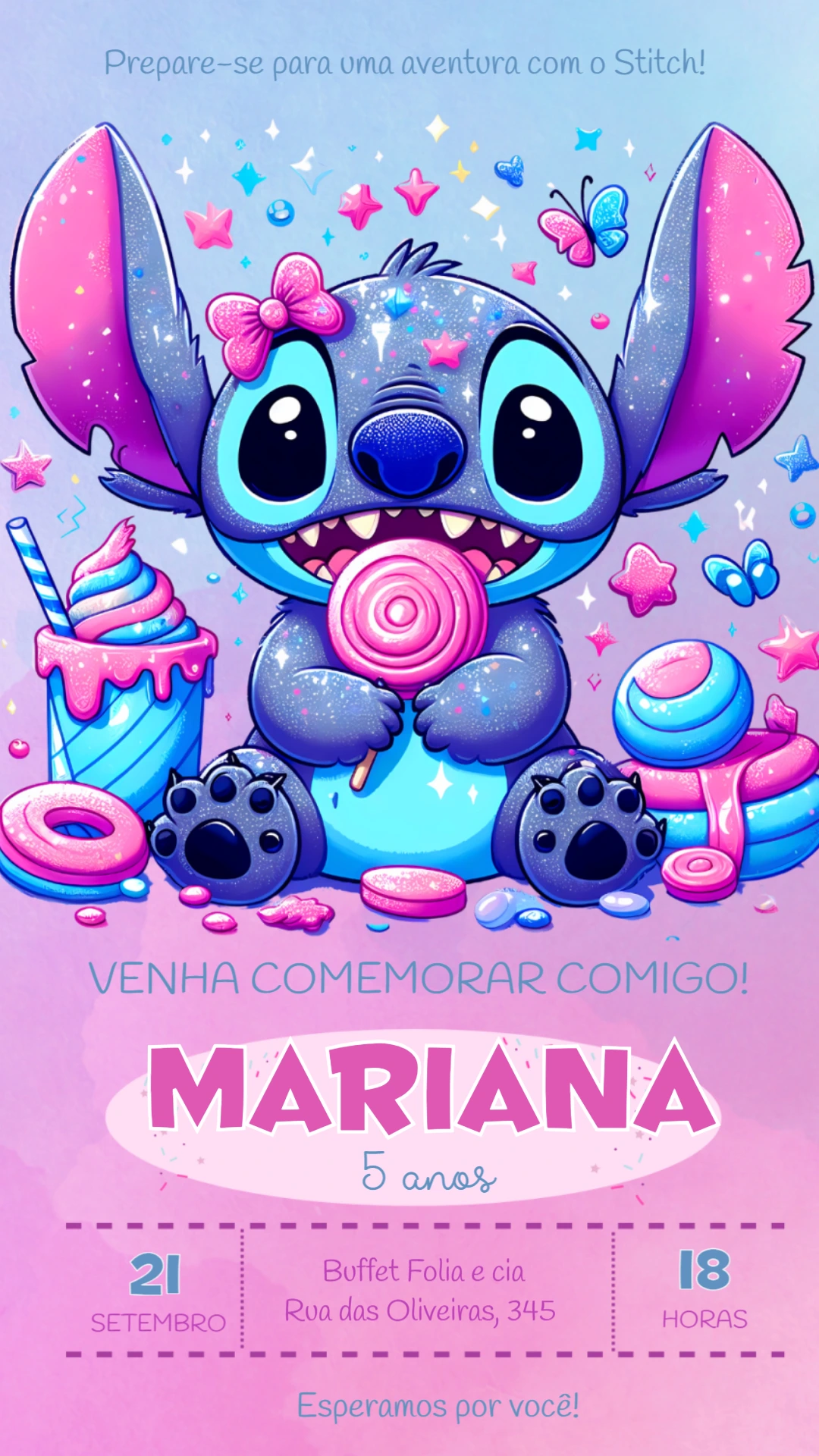 Convite de Aniversário Stitch Rosa e Azul Fofo para Editar