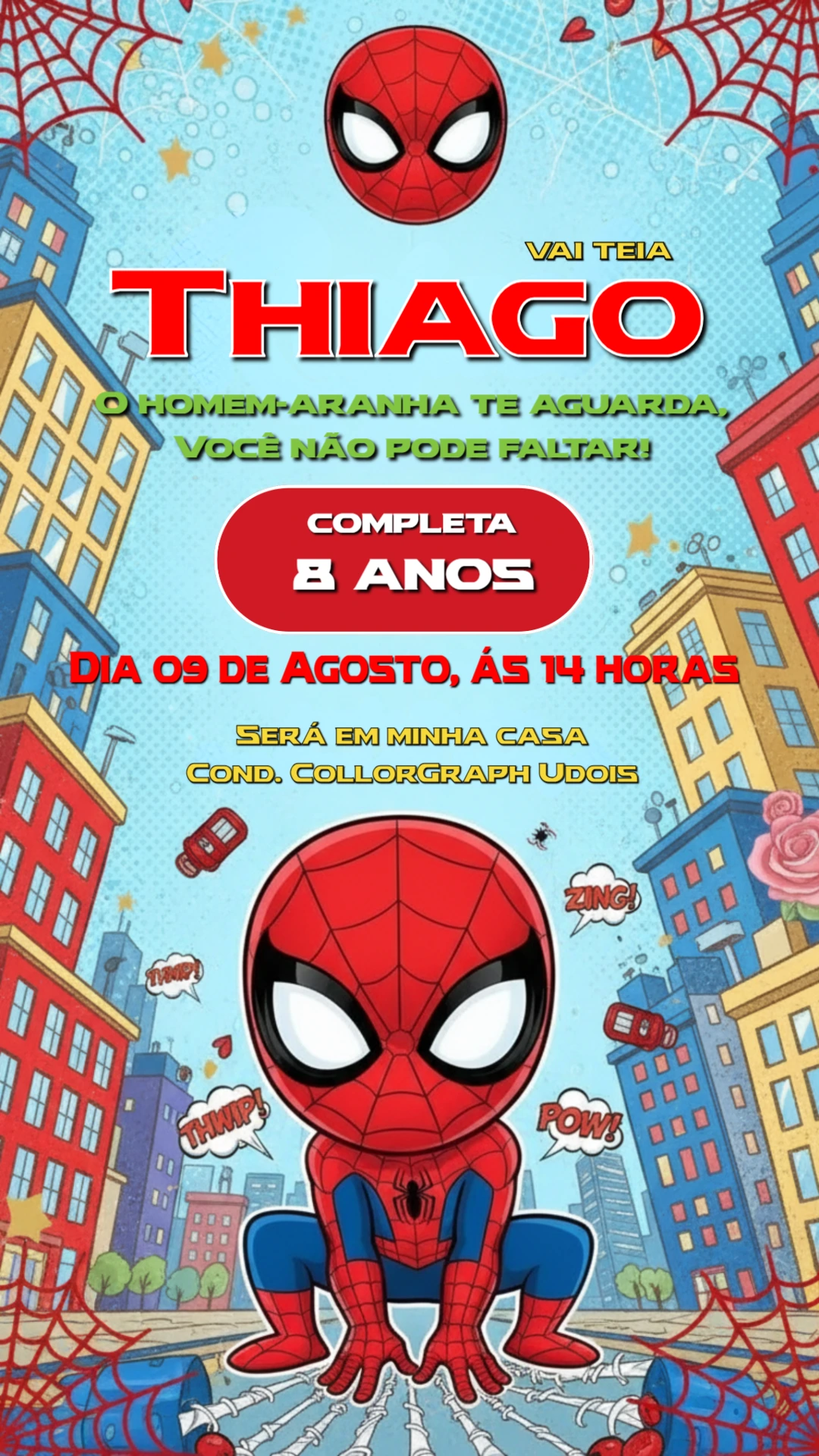 Convite de Aniversário Homem-Aranha Infantil para Editar