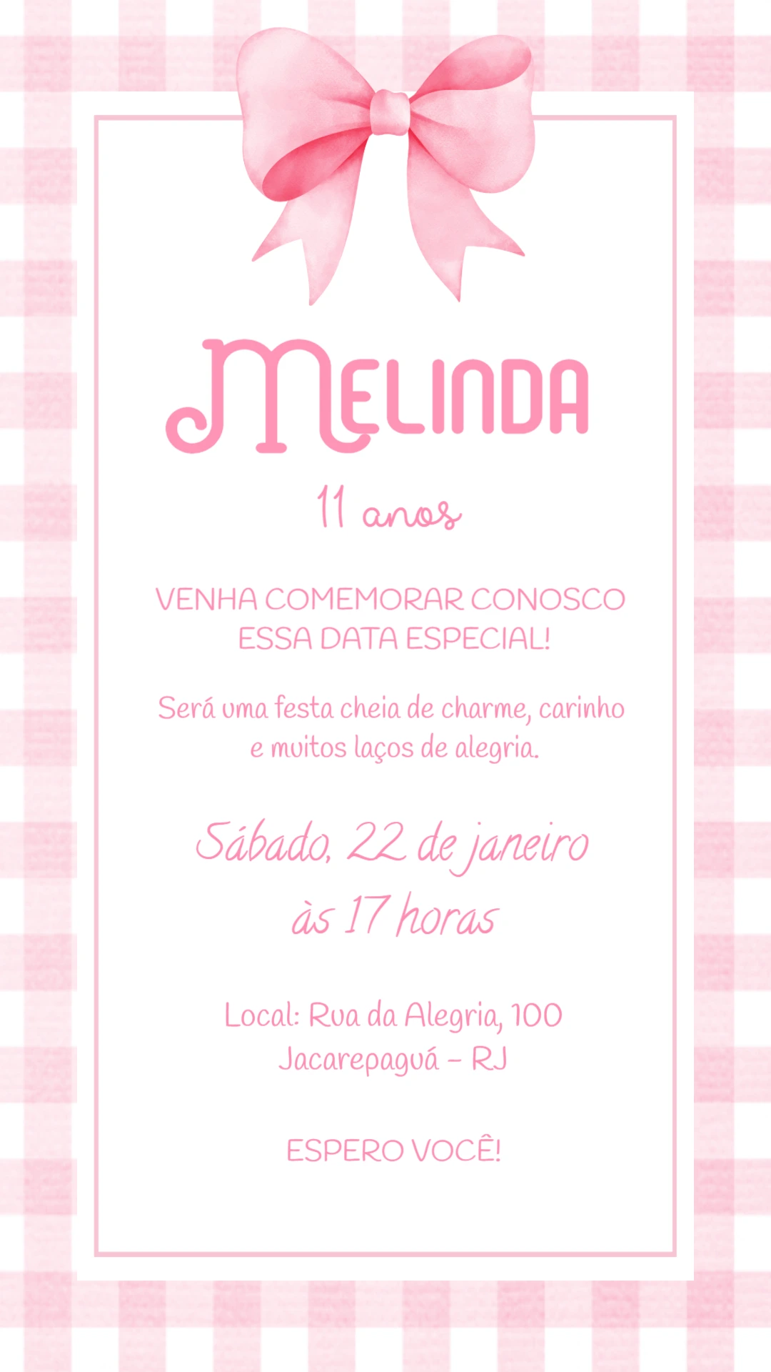 Convite de Aniversário Menina Laço Rosa Xadrez Editável