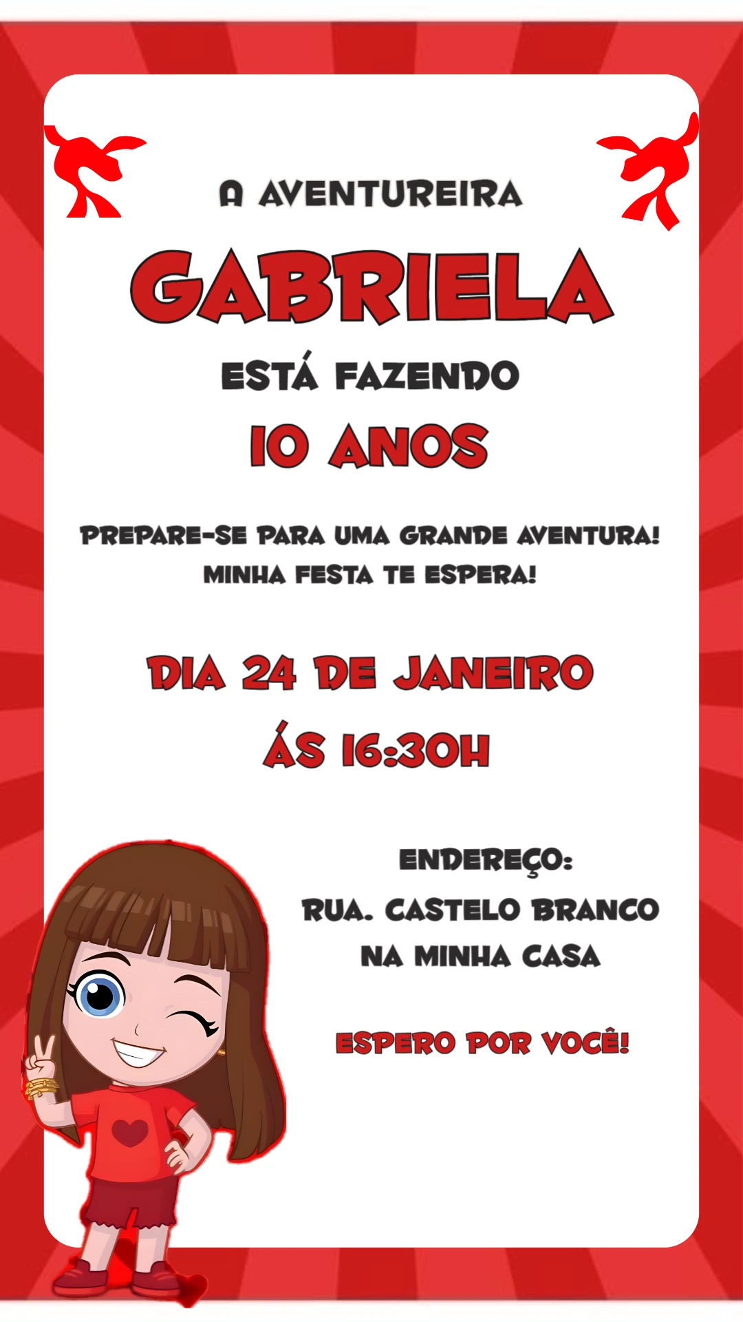 Convite de Aniversário Aventureira Vermelho para Editar Online