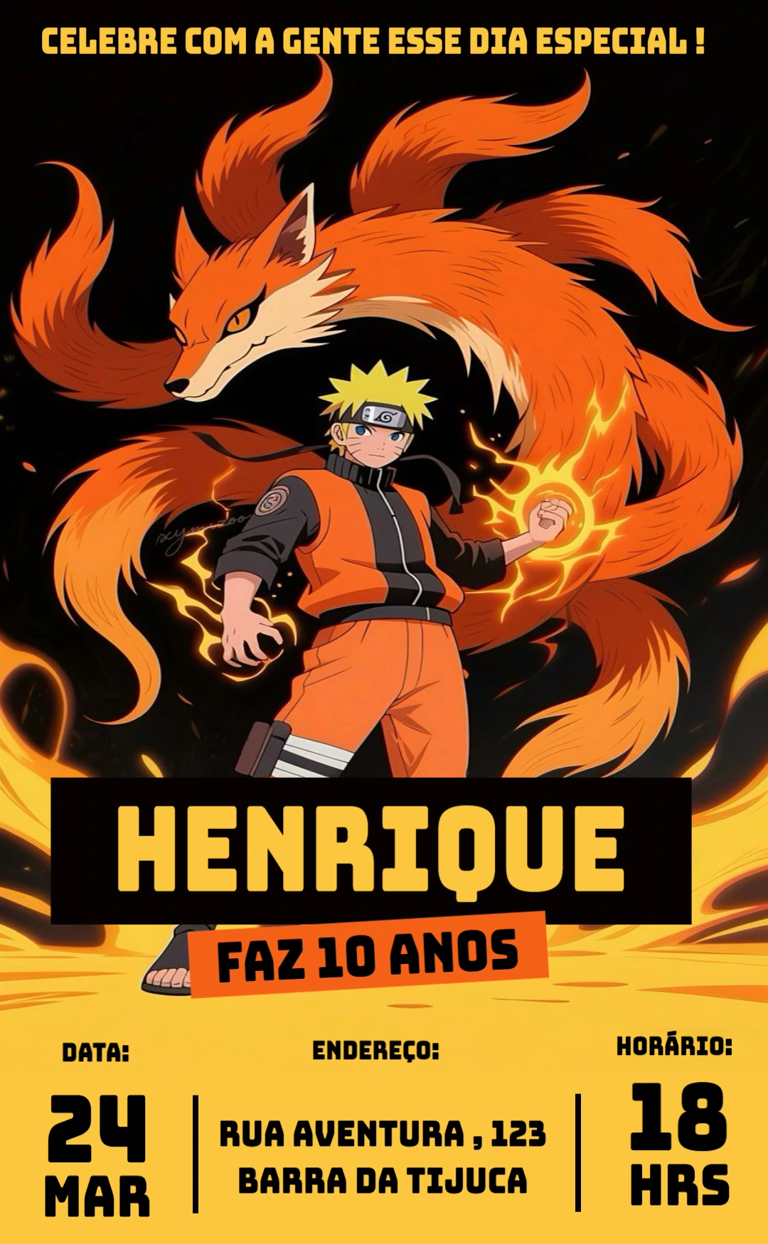 Convite de Aniversário Naruto Laranja e Preto para Editar