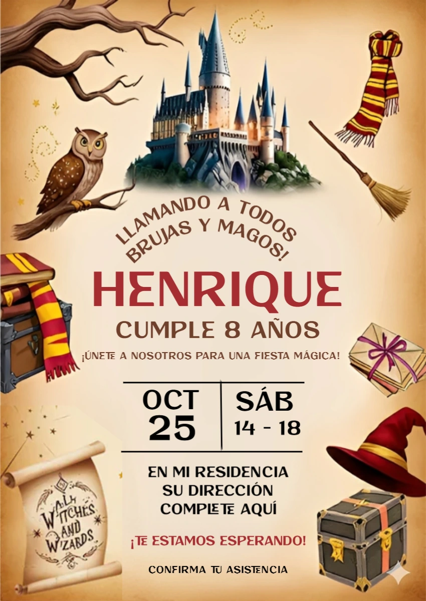 Invitación de Cumpleaños de Harry Potter para Editar Online