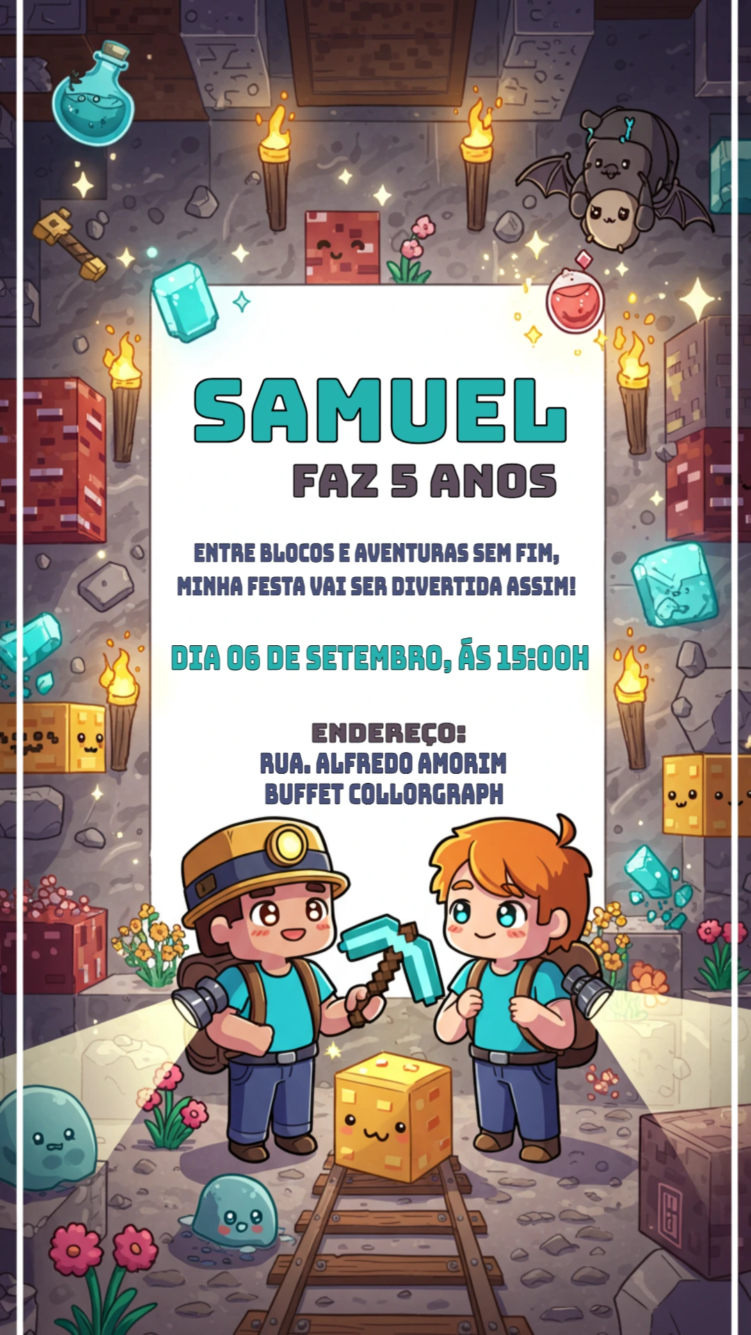 Convite de Aniversário Tema Minecraft para Editar Online