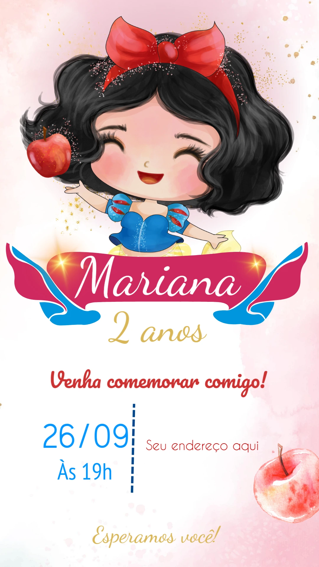 Convite Aniversário Branca de Neve Cute para Editar Online