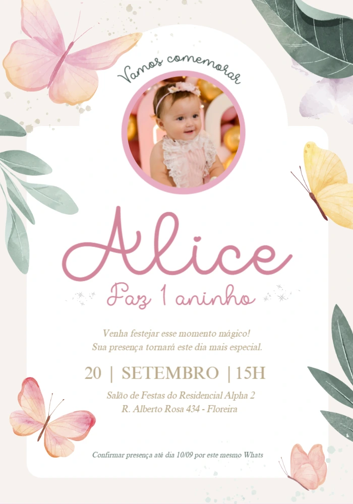Convite Aniversário Borboleta com Foto para Editar Online