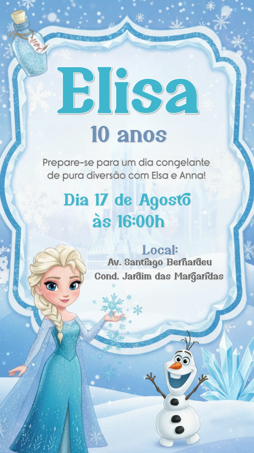 Convite Digital Aniversário Frozen Azul para Editar Online