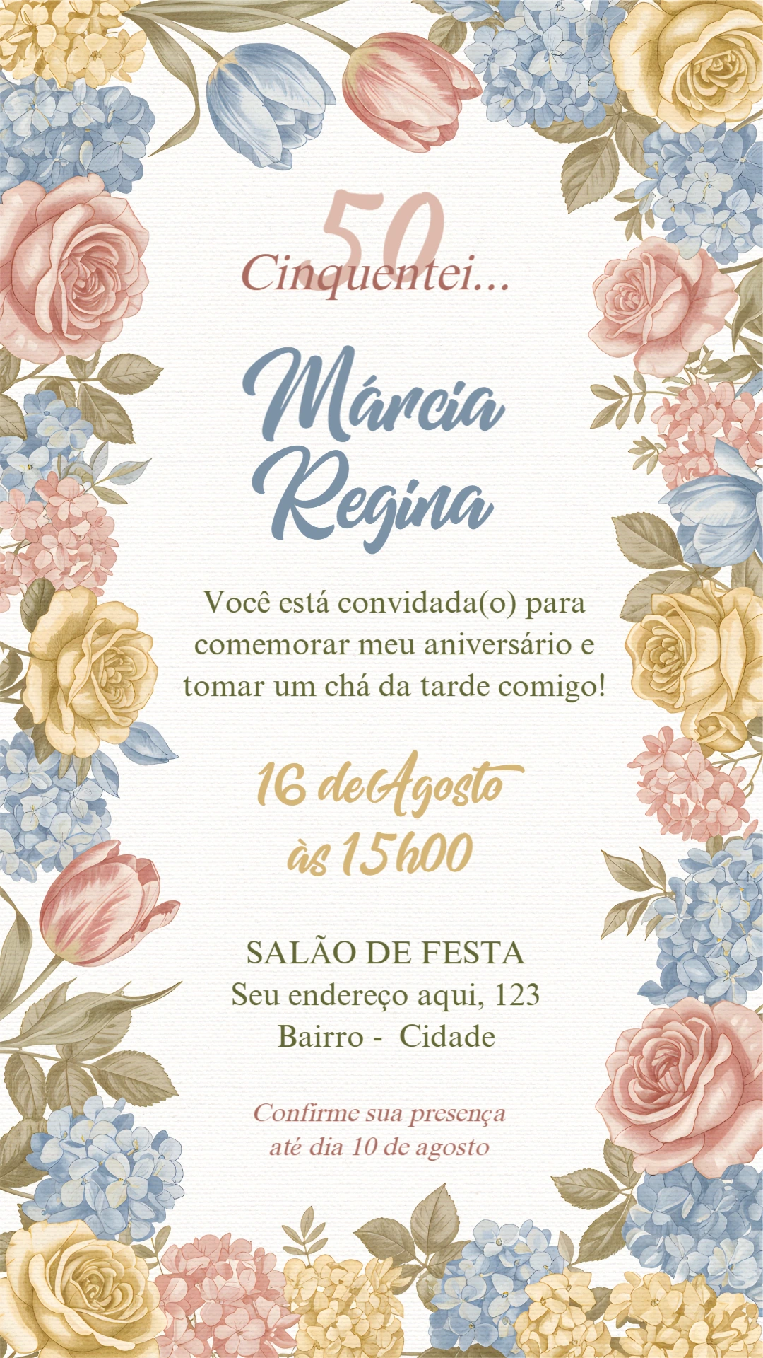 Convite de Aniversário Floral Vintage para Editar Online