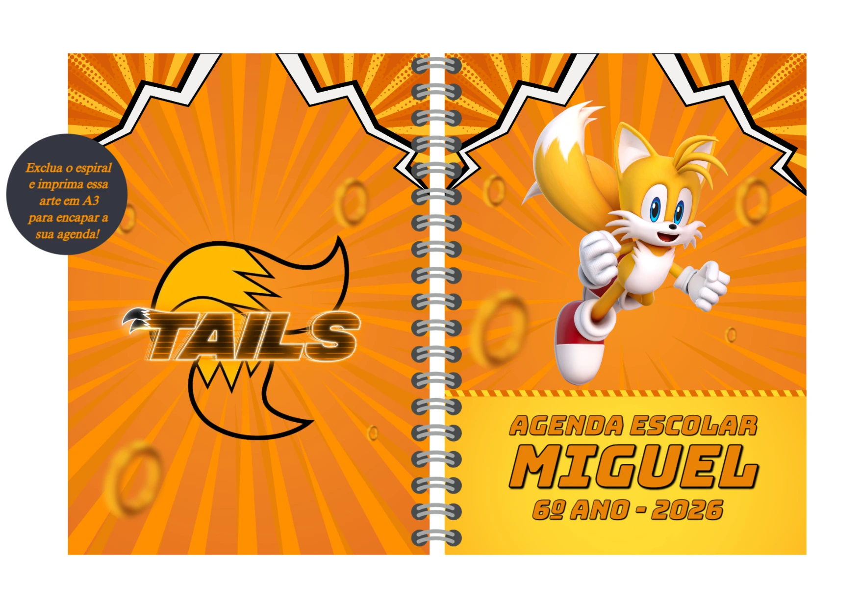 Capa de Agenda do Tails Editável Online para Volta às Aulas