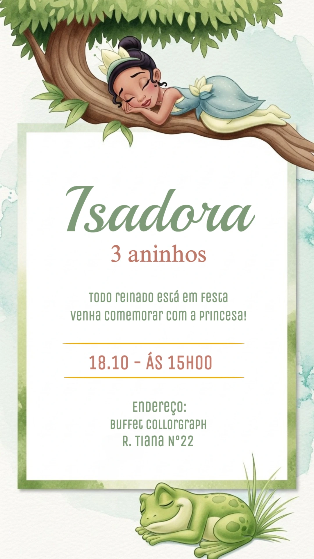 Convite Aniversário Princesa Tiana e o Sapo para Editar Online