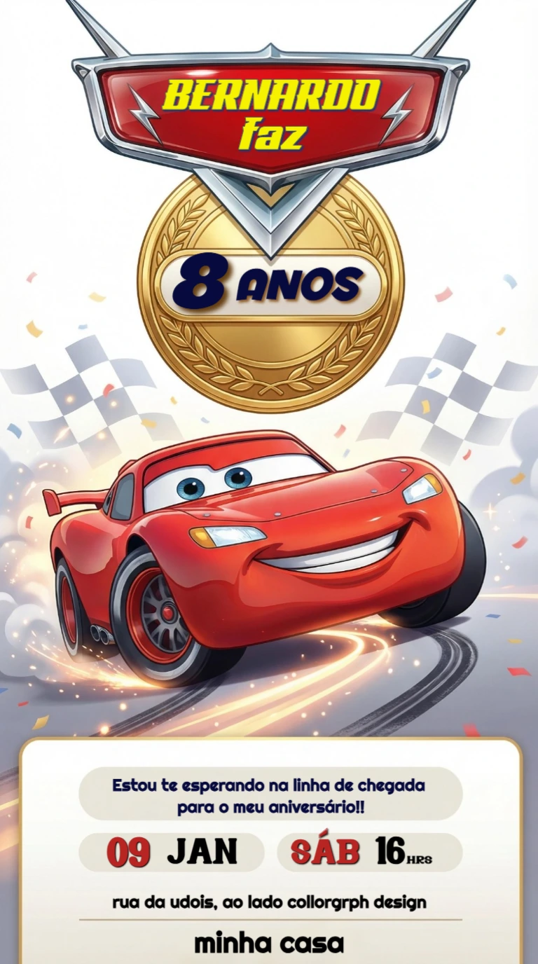 Convite de Aniversário Carros Relâmpago McQueen Editável
