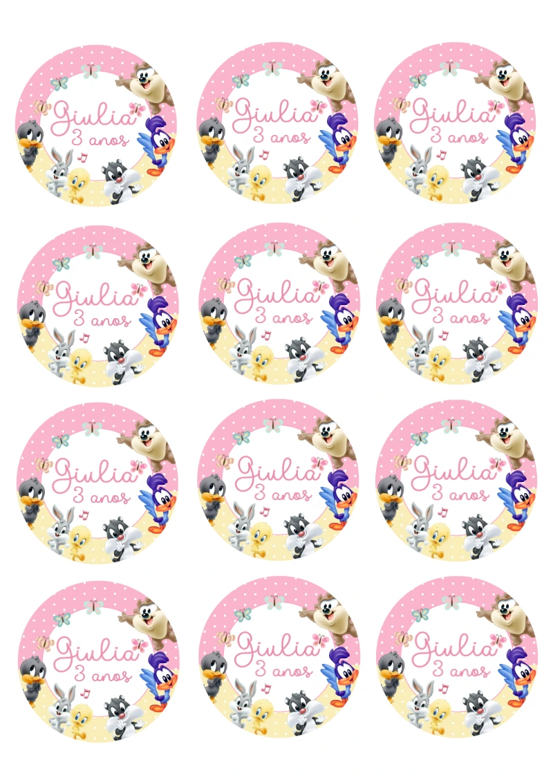Adesivo Redondo Baby Looney Tunes Aniversário para Editar