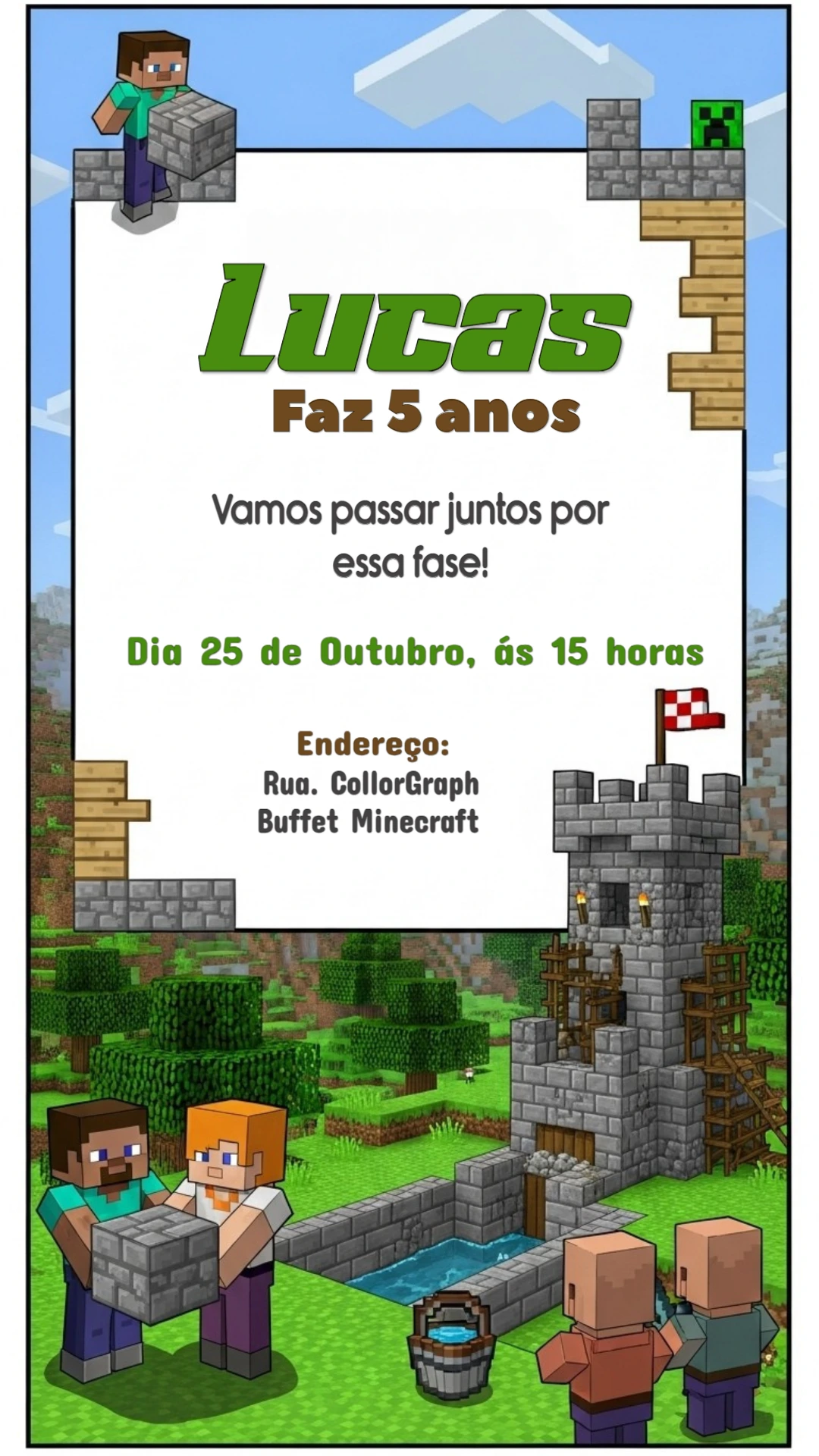 Convite de Aniversário Minecraft com Personagens para Editar