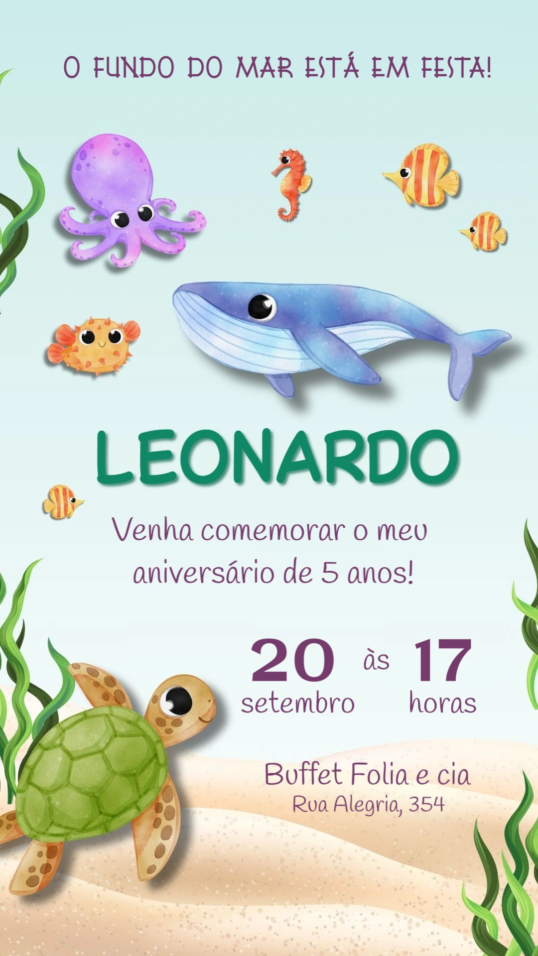 Convite de Aniversário Fundo do Mar com Animais para Editar