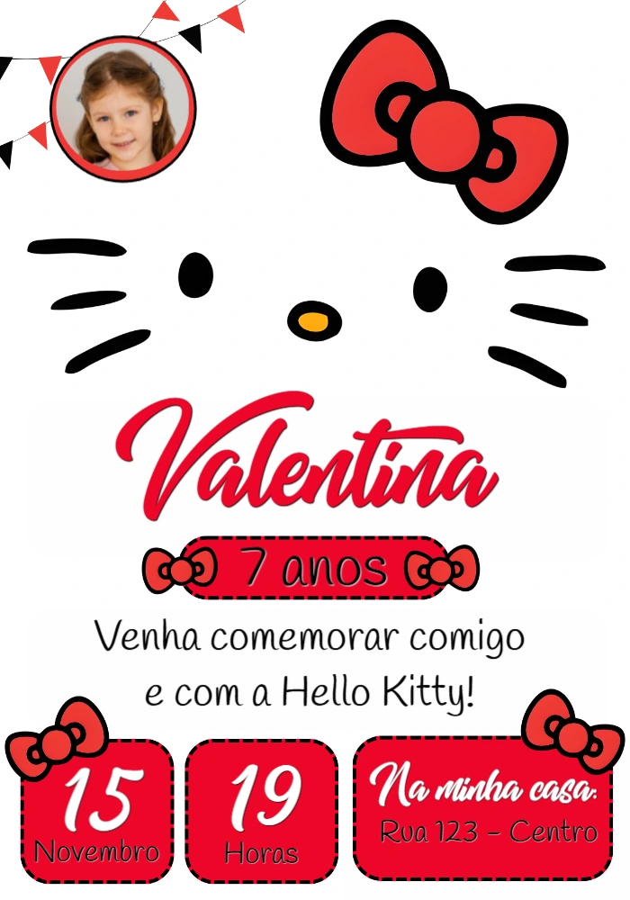 Convite Digital Infantil Hello Kitty com Foto para Editar