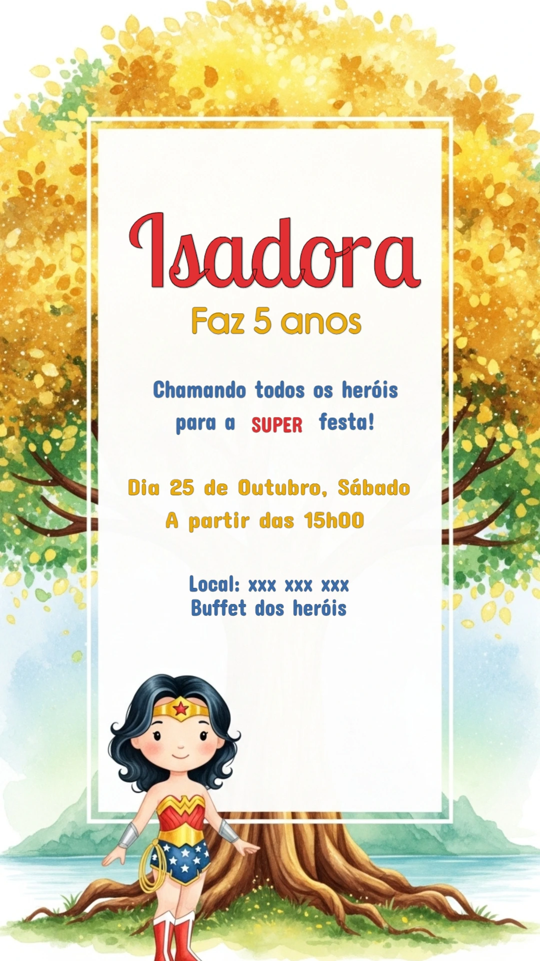 Convite de Aniversário Mulher Maravilha para Editar Online